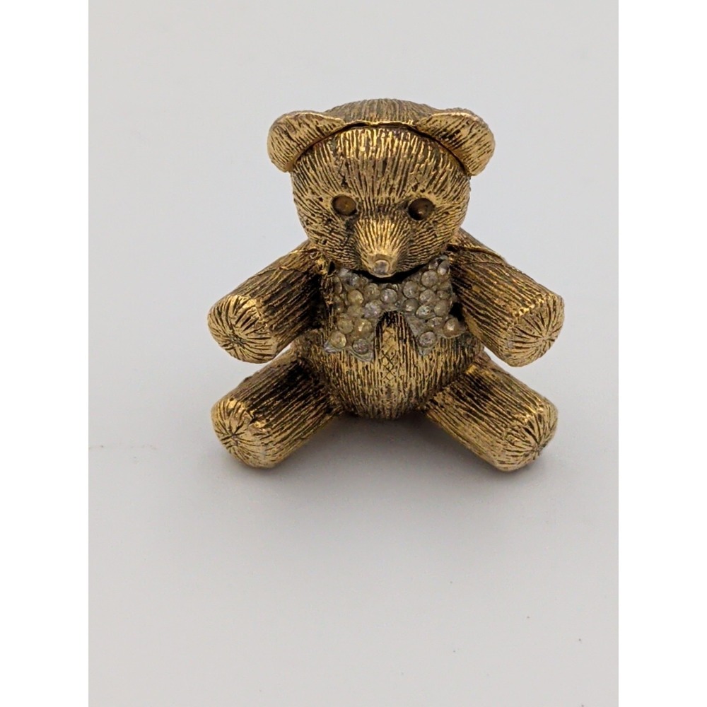 Vintage Teddy Bear Solid Perfume Compact Gold Tone Rhinestone Bow Tie 1.5"